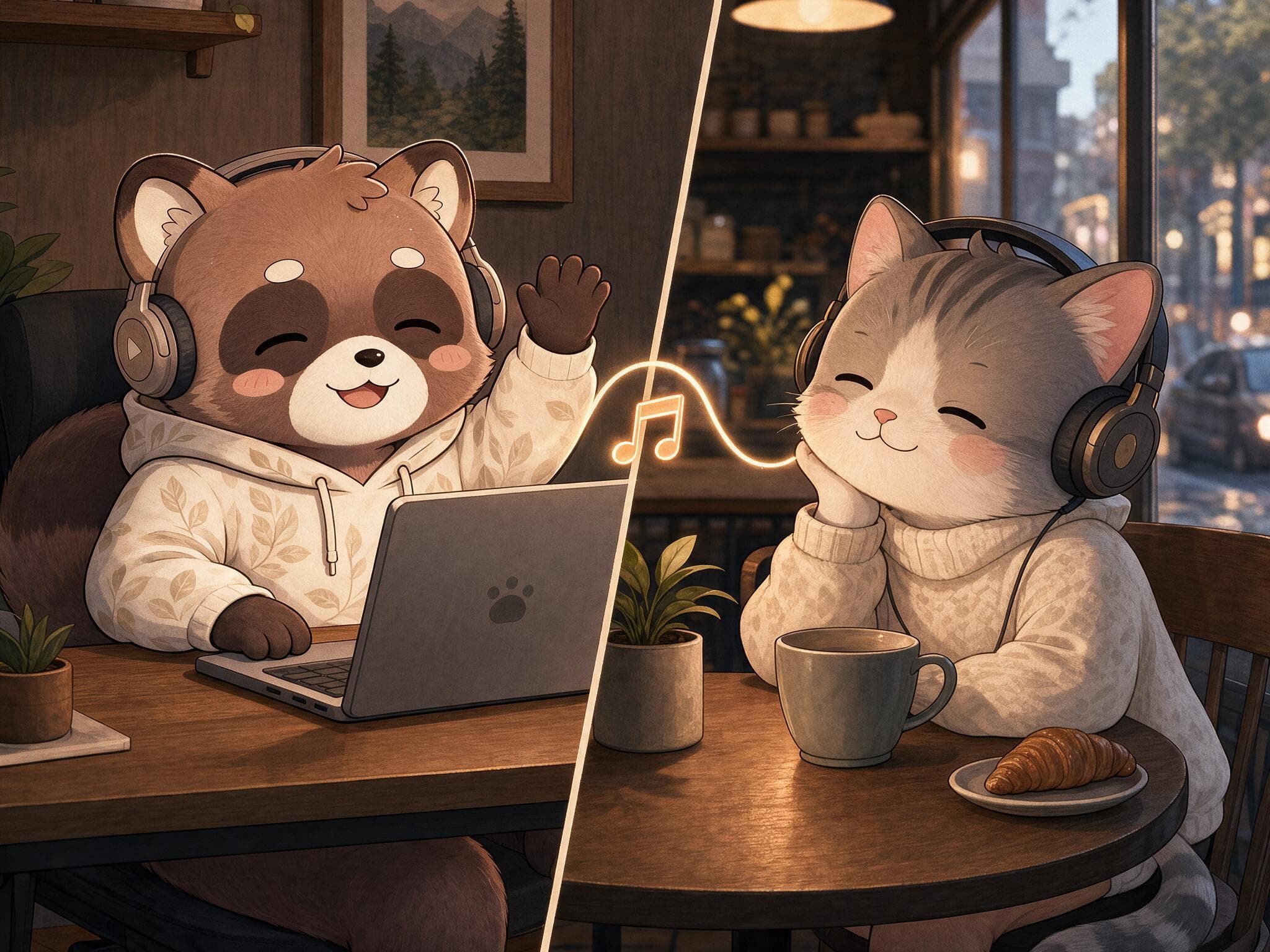 Two headphone-wearing tanukis listening from their own cozy rooms